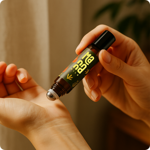 Person applying Manna Oils aromatherapy blend — promoting balance and relaxation with pure essential oils.