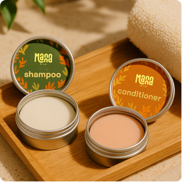 Manna Oils Bath Kit with shampoo and conditioner bars — a natural, eco-friendly hair care duo for daily nourishment.