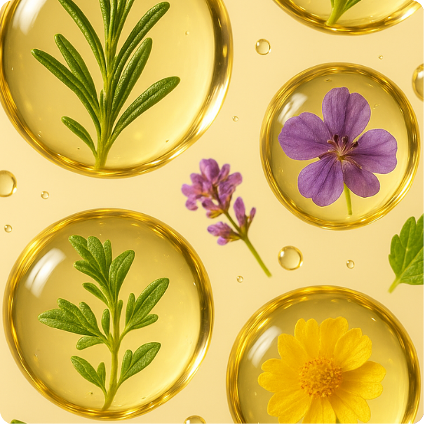 Golden oil drops with herbs and flowers inside — highlighting Manna Oils essential oils and natural aromatherapy blends.