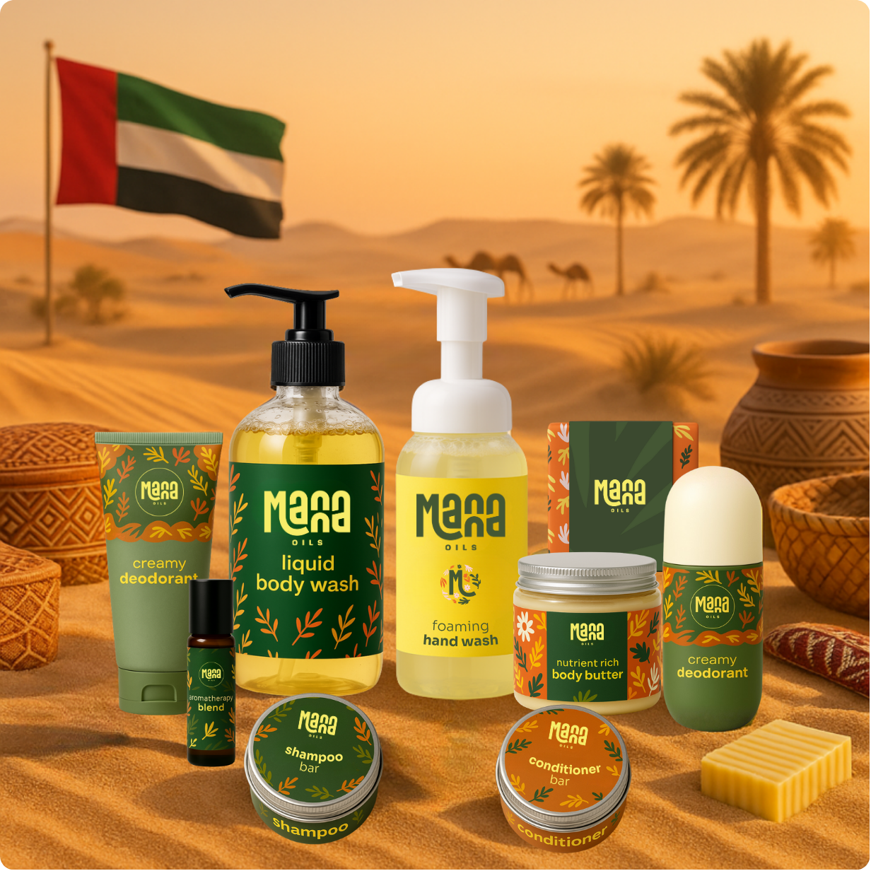 Manna Oils body care products displayed against a desert sunset with the UAE flag — representing handmade, small-batch skincare.
