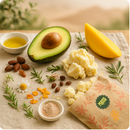 Avocado, mango butter, nuts, and herbs beside a Manna Oils soap — showcasing pure, natural ingredients for skincare.